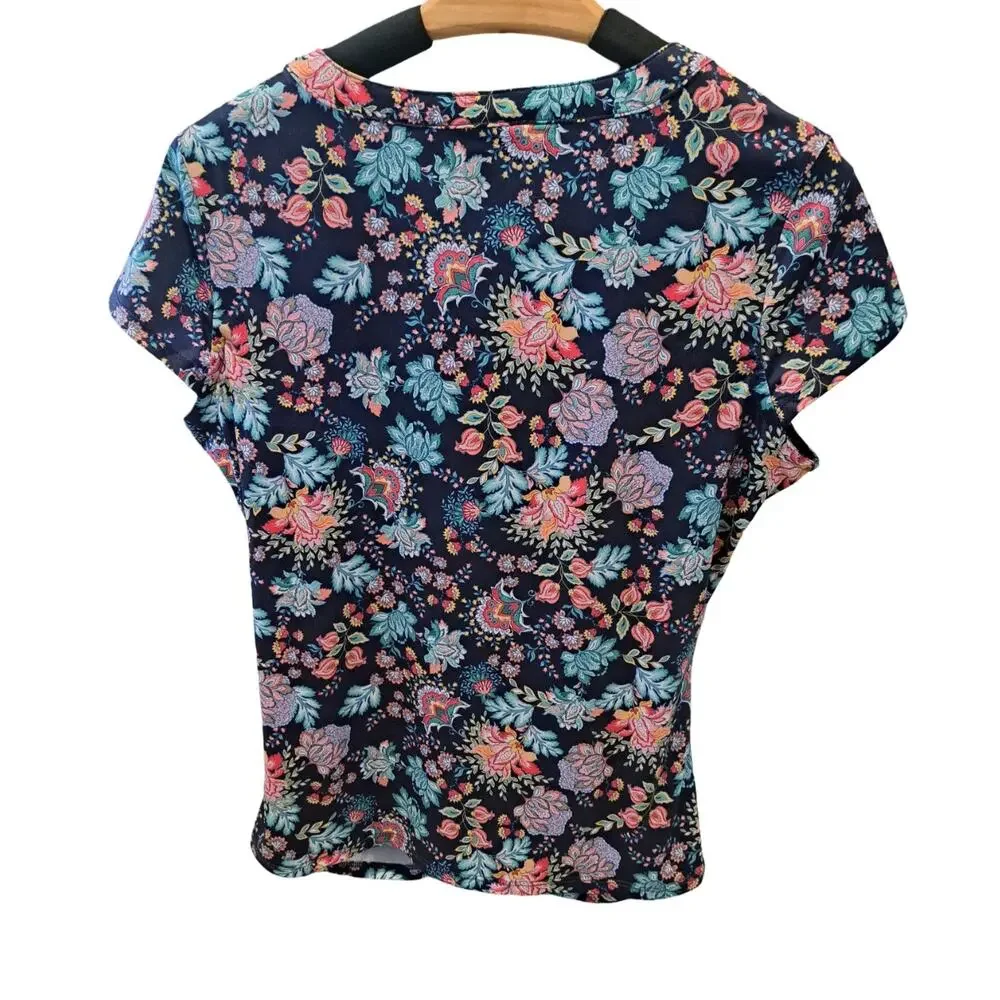 Thomas & Olivia Boho Multicolor Floral Ruched V-Neck Lace-Up Top NWOT  Medium